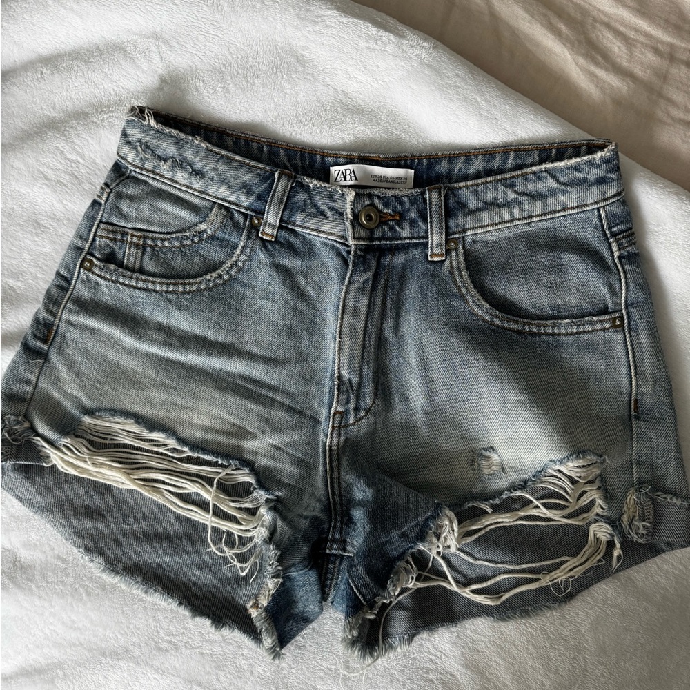 Zara Blue Jean Shorts Distressed High-Waisted